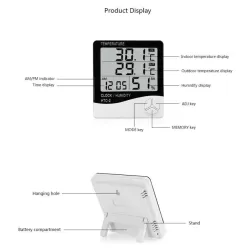 مقياس حرارة الكتروني HTC-2 مع ميزان الحرارة ومقياس الرطوبة