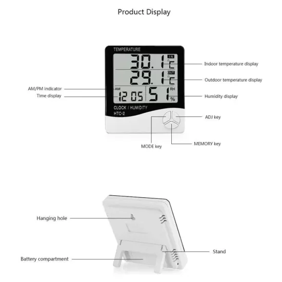 مقياس حرارة الكتروني HTC-2 مع ميزان الحرارة ومقياس الرطوبة